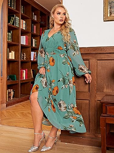 Image of Simplee Women's Plus Size Easter Dress Spring Long Sleeve Floral Maxi Dress V Neck Empire Waist Boho Maternity Dress for Photoshoot (3XL Lake Green)