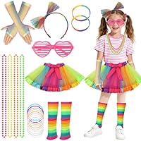 BSBUY 80s Fancy Dress Costume for Kids 21 Pcs 1980s Neon Costume Fancy Dress Outfit Dress Up with Tutu Skirt Fishnet Gloves Leg Warmers Glasses Bracelets Necklaces Headband Anklets Wristbands