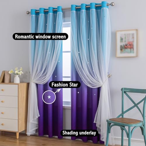 Image of Double Layer Dreamy Star Blackout Curtain 1 Panel W52 x L84,Blue Purple | Princess Style Window Drapes for Kids Room Elegant Decor for Daughter Bedroom Living Room Soft Fabric Design