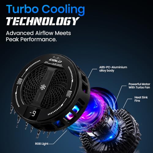 Image of PunnkFunnk Phone Cooler for Gaming, 5000 RPM 7-Blade Fan, RGB Light, Semiconductor Cooling Chip, Type-C Powered, LED Display, Clamp Mount Mobile Cooling Fan for Android & iOS (Black mint)
