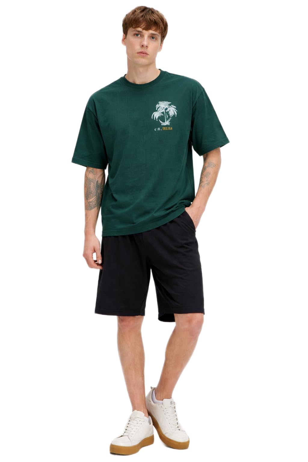 wavyn Men Palm Graphic Co-Ord Set, Green T-Shirt And Black Shorts, Cotton Blend, Relaxed Fit, Short Sleeve, Casual Vacation Style-picture-12