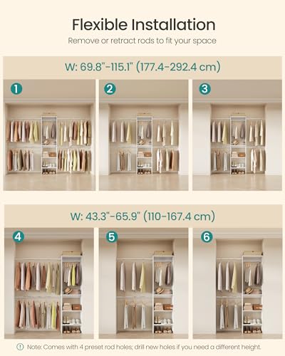 Image of SONGMICS Closet System, Customizable Walk-In Closet Organizer System with Adjustable Hanging Rods and Storage Shelves, White, Fits Spaces 4-9.6 ft URGR040WZ01S