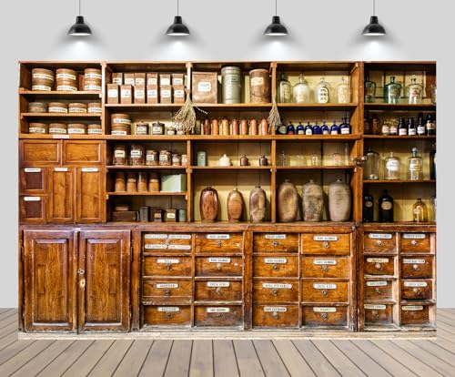 CHNYWORK 8x6ft Old Pharmacy Backdrop for Photography Rustic Wooden Shelf with Bottles Apothecary Cabinet Background Wooden Cabinet Decorations Pharmacy Background Photo Shoot Props Wallpaper - image 2