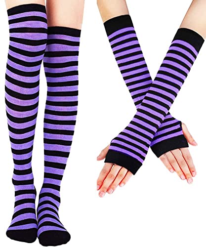 Image of SherryDC Womens Girls Cosplay Rainbow Striped Knee High Socks Leg Arm Warmer Fingerless Gloves Set