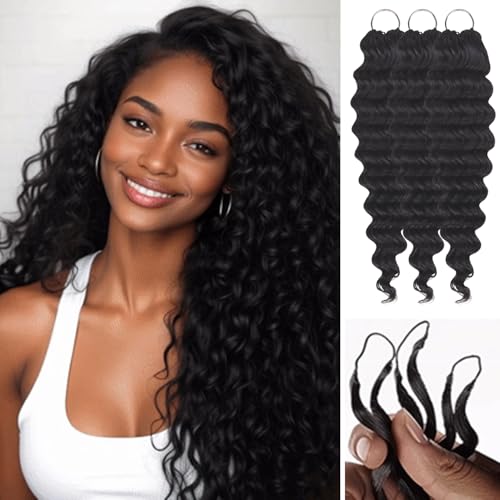 IDN Human Crochet Hair Knotless Pre Separated Bulk Hair, 16 Inch 60g Feather Line Crochet Hair Braids, Deep Wave Natural Black Invisiable Knot Hair Extensions For Women Girl Kids
