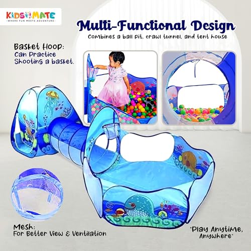 Image of Kidsmate 3-in-1 Ball Pool Tunnel for Kids 1-5 Years | Foldable Pop-Up Tent with Crawling Tunnel, Ball Pit & Playhouse | Indoor /Outdoor Activity Toy for Boys & Girls | Balls Not Included - Blue