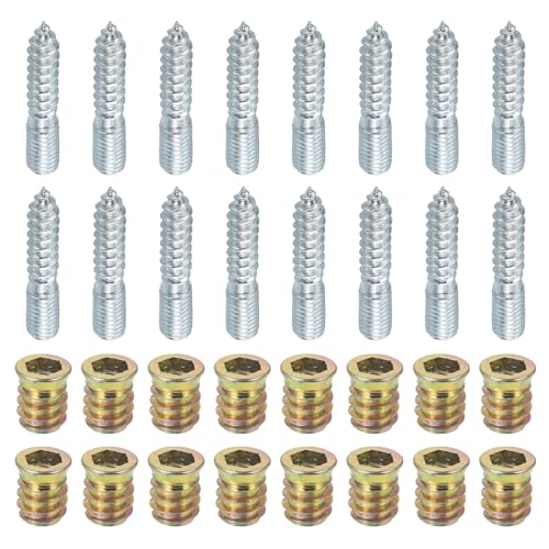 Image of uxcell M10x50mm Hanger Bolts, 16pcs 30mm Wood Dowel Screw Self-Tapping Screw with 16pcs M10x20mm Threaded Insert Nuts Interface Hex Socket Drive, for Joint Furniture Legs