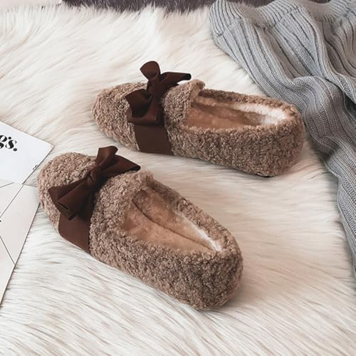 Women's Warm Faux Fur Slippers with Bow Indoor Outdoor Slip On Fuzzy Loafers for Women Winter Casual House Shoes3