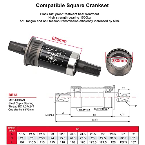 Catazer Bicycle Bottom Bracket Square Taper 68Mm X 103/107110.5/113/116/118/120/122.5/124.5/127.5Mm Bsa thumb #5