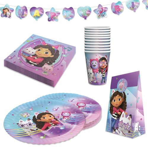 Gabbys Dollhouse Cartoon Geburtstagsdeko Komplettset für Kinder - 47 tlg. Tischdeko Pappgeschirr mit Wimpelkette für Kindergeburtstag & Mottopartys - Party Deko Bundle mit Tellern Servietten etc.