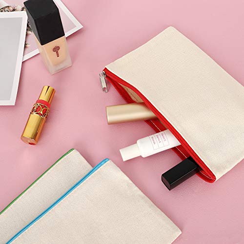 Image of 12 Pieces Cotton Canvas Makeup Bag, Multipurpose Cosmetic Bag with Zipper Travel Toiletry Pouch, Blank DIY Craft Bag (Beige, L)