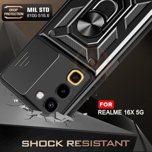 Image of Armor Bumper Back Cover Case for Realme 16X 5G Rotating Camera Cover, Ring Holder & Kickstand | Heavy Duty & 360 Degree Protection Back Cover for Realme 16X 5G (Black)