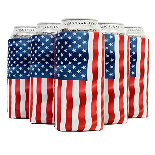 QualityPerfection Can Cooler Sleeves ( 6 Pack) 16 oz USA Flag on The Wind Neoprene Beer Coolie, 4mm Neoprene Thickness Collapsible Coolie, Insulation with Stitches For Events (Flag on the wind, 6)