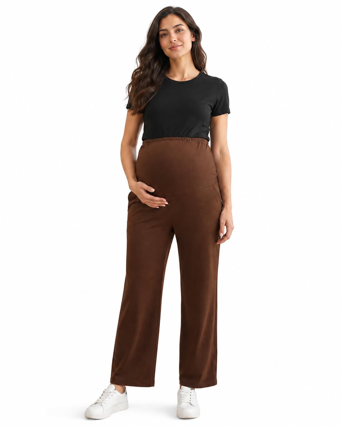 Women's Maternity Track Pants | Soft Cotton Pregnancy Pants with Over Belly Support | Stretchable Full Length Maternity Bottom Wear | Coffee Brown-image-47