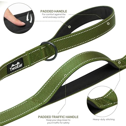 TwoEar 6FT 1IN Strong Green Dog Leash with 2 Padded Handles, Traffic Handle Extra Control, Comfortable Soft Dual Handle, Auto Lock Hook, Reflective Walking Lead for Small Medium and Large Dogs - Image 5