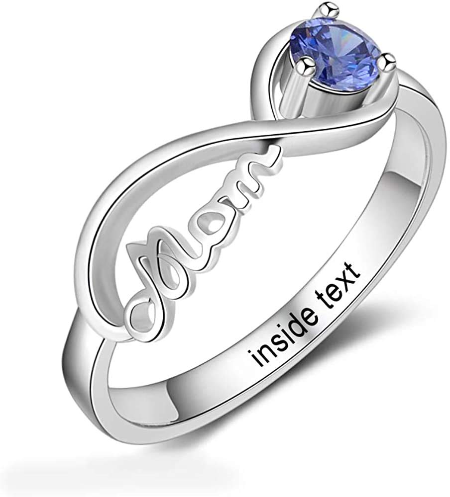 ROWAWA Personalized 925 Sterling Silver Mothers Rings with Simulated Birthstone Custom Mom Jewelry with Names Engraved Family Infinity Rings for Women