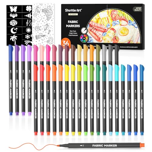 Image of Shuttle Art 36 Colors Fabric Markers, Permanent Markers for T-Shirts Clothes Sneakers Jeans with 11 Stencils 1 Fabric Sheet, Permanent Shirt Pens for Adult DIY Painting Writing
