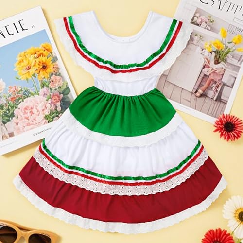 Traditional Mexican Dress for Girls - Cinco de Mayo Outfit, Elasticized Long Dress with Lace Design3