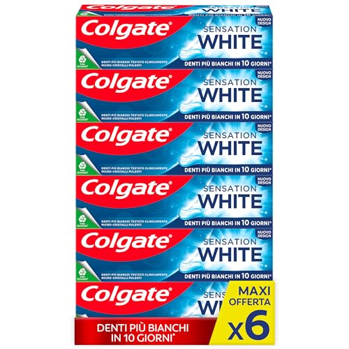 Pasta de dientes Colgate Sensation White 6 x 75 ml, pasta de dientes blanqueadora para los dientes, blanqueamiento clínicamente probado en 10 días, dientes blancos con microcristales activos