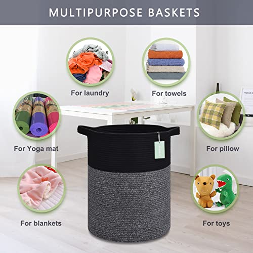 Image of Cotton Rope Blanket Basket, 72L Tall Laundry Hamper, Black & Gray | 16 inchx 22 inch, Large Collapsible Woven Nursery Hamper with Sturdy Handles for Clothes Toys Towels, Bedroom Living Room Bathroom