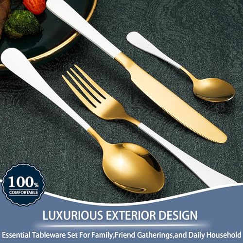 Image of 24 Pieces Flatware Set, Stainless Steel Cutlery Set with Silverware Holder, Modern Gold Silverware Set Includes Dinner Knives Forks Spoons,Hanging Silverware (White)