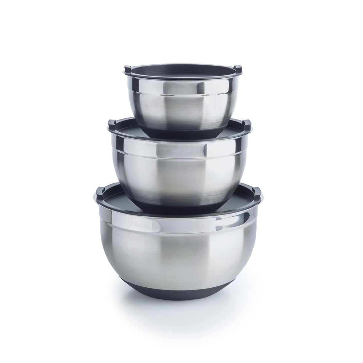 Qdesign - Lot de 3 Bols à Mélanger Acier Inoxydable avec Couvercles Plastique - 16 + 20 + 24 cm - Mélangeurs Base Silicone Antidérapante - Empilables - Argenté