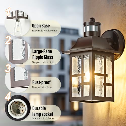 Image of OKELI Outdoor Wall Lights with Motion Sensor, Exterior Waterproof Lantern, Front Porch Sconce Lighting with Water Ripple Glass Shade, Anti-Rust Wall Lamps Outside Lights for Garage (Brown-2pack)