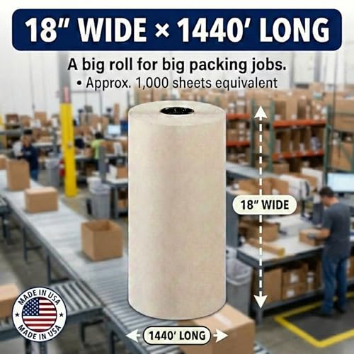 Image of Box USA Packing Paper Roll 18 inch x 1400ft (1,000 Sheets 17 inch Equivalent) - Newsprint Paper for Shipping, Storage and Moving Supplies, White