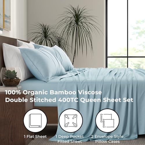 Image of Luxury Bamboo Market | Queen Size Bed Sheet Set | 100% Viscose Made from Bamboo | Organically Grown | Ultra Soft | Cooling Sheets for Hot Sleepers | 17 inch Deep Pocket [Spa Blue]