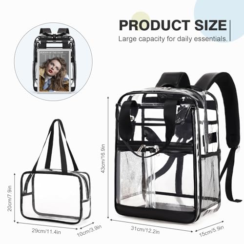 2PCS Clear Backpack for Women Men Girls Boys, Heavy Duty Clear Backpack with Clear Tote Bag for Stadium Events, See Through Backpack, Large Transparent Backpack Clear Bookbag for Concert Work Travel2