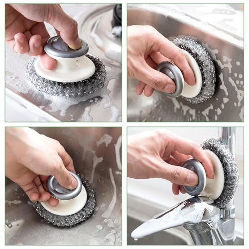 Image of 12 Pack Steel Wool Scrubber with Handle, Stainless Steel Wire Pot Scrubber Metal Sponge, Mesh Metal Scrubbers for Cleaning Dishes, Grills, Pans, Ovens
