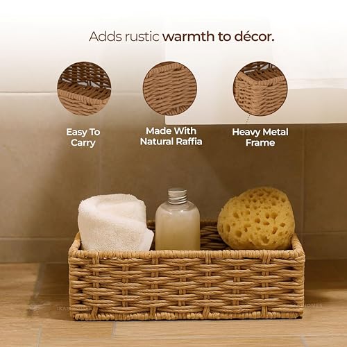 Image of Ikari Homes Rectangular Woven Raffia Basket, Natural Decorative Storage Tray I Boho decor storage vanity basket I Gifting Basket I Sustainable organisor Storage Basket (9 in x 5 in)