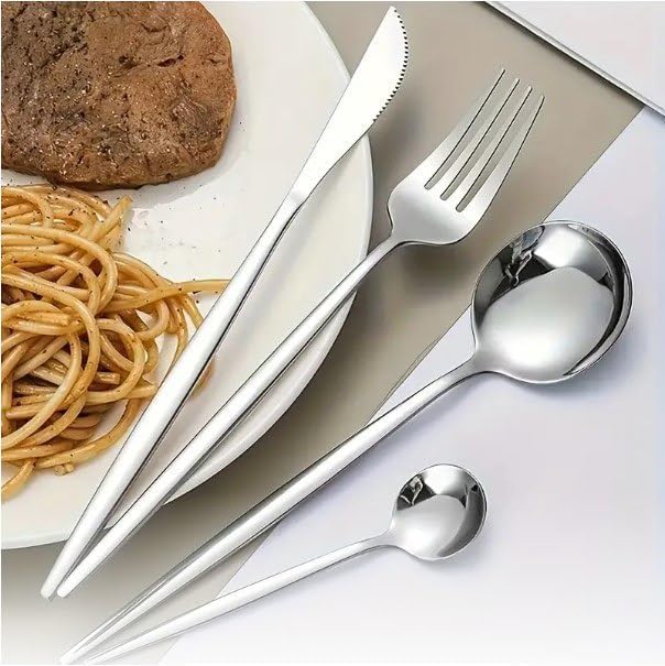 Image of 24-Piece Flatware Set, Stainless Steel Knife Fork Spoon, Home Dinnerware Tableware Set for 6,Stainless Steel Cutlery Set for Home, Kitchen, Restaurant, Utensils (Silver)