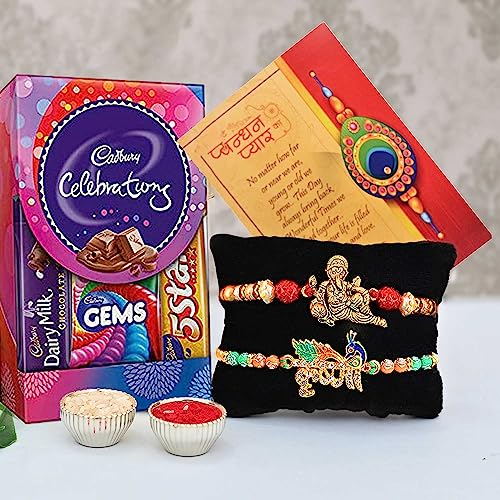 Image of CraftVatika Set Of 2 Rakhi For Brother With Chocolate Combo, Gift For Brother, Ganesha Rakhi Krishna Rakhi For Bro With Cadbury Celebration Chocolate Pack Pair Couple Rakhi Set Of 2, Multicolor 70 Gms