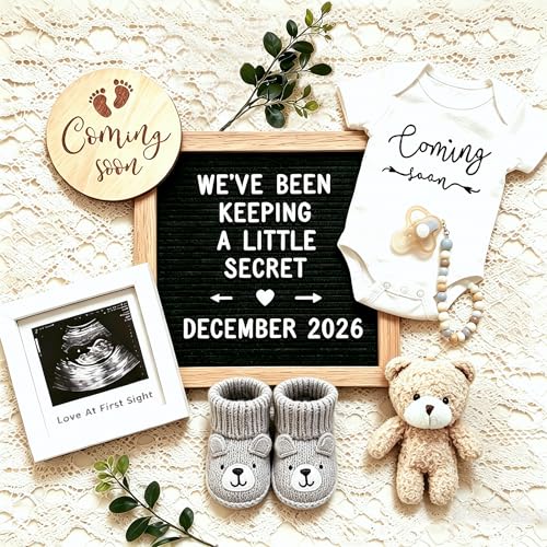 Pregnancy Announcement, Baby Announcement Ideas Set Include Felt Letter Board, Baby Onesie, Booties, Photo Frame, Wooden Sign and Bear Plush, Pregnancy Announcement Photo Props Coming Soon Baby Announcement