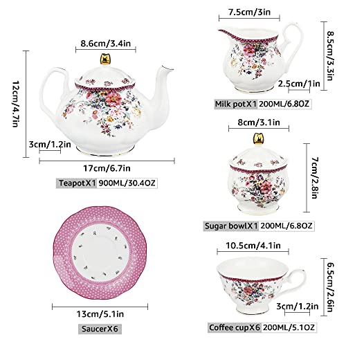 fanquare 21 Piezas Juego de Té de Porcelana con Flores Rosa, Juego de Café Ceramica Real para 6 Personas, Juego de Tazas… - Imagen 7