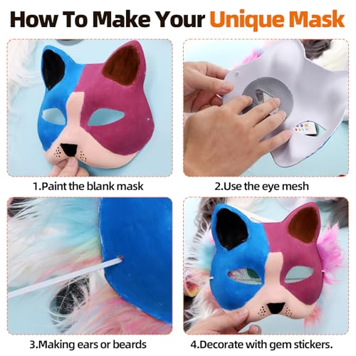 Mittimiya 5Pcs Cat Mask With Furs Eye Meshes And Gem Stickers Diy Therian Mask Kit Dress Blank Mask Up To Paint Halloween Animal Half Masks For Halloween Masquerade Cosplay Party Interaction thumb #6