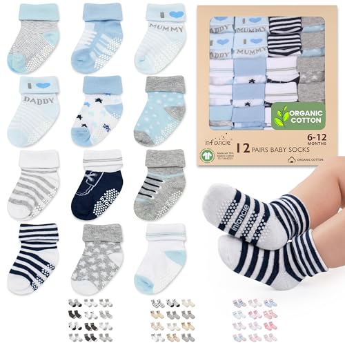 Image of infancie Organic Cotton GOTS Certified Baby Socks Newborn Socks 12 Pairs - (6-12 Months) – Soft And Comfortable Babies Grip Sock, Premium Newborn Baby Sock, Gift For Little Boys