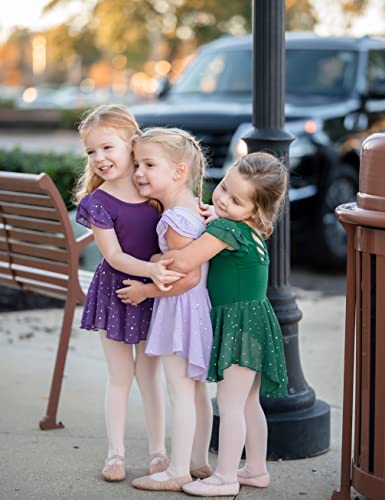 Image of Arshiner Girls Shiny Ruffle Sleeve Ballet Leotard with Skirt Criss-Cross Back Dance Dresses