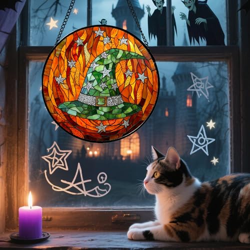 Image of Stained Glass Window Hanging - Halloween Decorations Witch Hat Suncatcher for Doors Garden Indoor Spooky Funny Green Sun Catchers Gothic Decor Horror Gifts for Women Men Friend 7.8 in