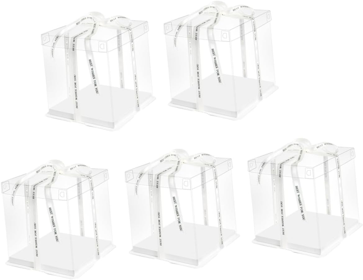 5pcs 8-inch Cake Wrapping Case Birthday Cake Storage Box Single Layer Baking Container with Ribbon for Party and Packaging