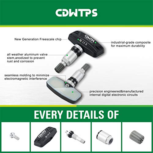CDWTPS Tire Pressure Sensor, (315MHz + 433MHz) Dual Frequency Programmable TPMS Sensor,100% Clone-able -OE Level Tire Pressure Monitoring System Sensor for All car(Metal Valves,Pack of 4 TPMS)