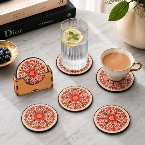 Image of GKD Flower Coasters Wooden Tea & Coffee Coaster Set of 6 with Stand | Heat & Water Resistant Table Coaster for Cups, Mugs & Glasses (Flower Coasters)