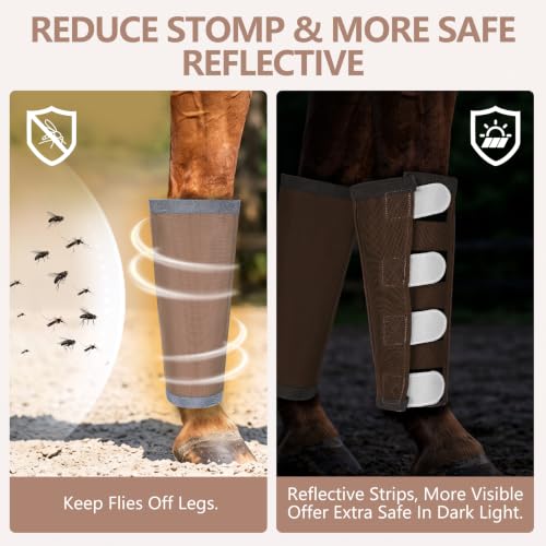Image of Fly Boots for Horses Set of 4 with Reflective Vercros, Loose Fitting Mesh Horse Fly Boots Leggings, Adjustable Equine Leg Wraps & Socks, Stay Up Not Sag, No Rub