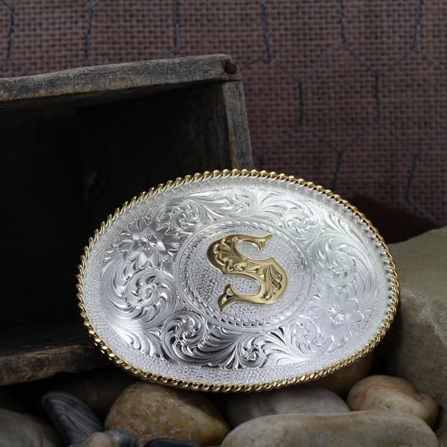Image of Montana Silversmiths Initial Engraved Gold Trim Western Belt Buckle
