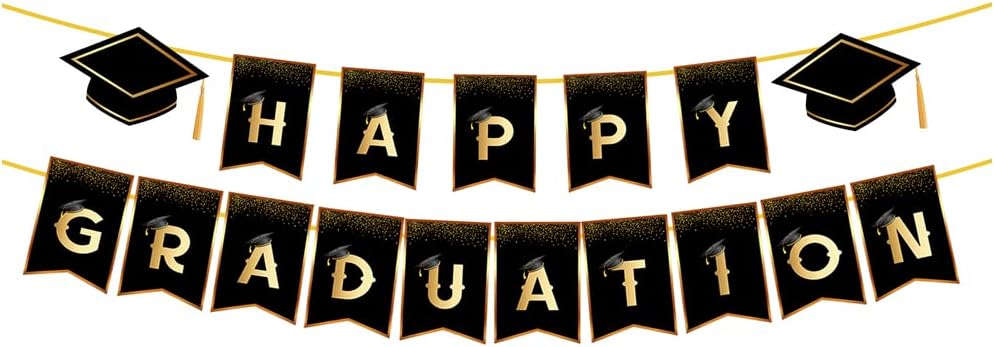 LosuyaHappy Graduation Bunting Banner Black Golden Grad Hat Paper Garland for Graduation Party Decorations