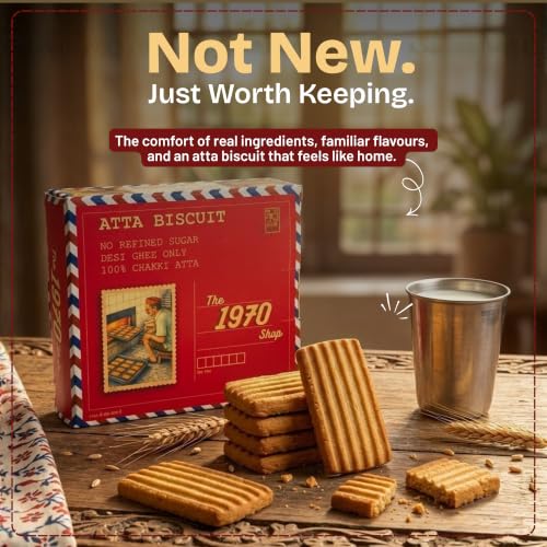 Image of The 1970 Shop 100% Atta Biscuit | Made in Desi Ghee | 0% Maida | No Preservatives | No Palm Oil | Authentic Indian Snack | Atta Biscuit For Healthy Tea Snacking | Premium Handmade Cookies | Eggless & Vegetarian | 400g Paper Box