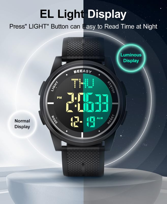 beeasy digital watch waterproof with stopwatch alarm countdown dual time ultra-thin super wide-angle display digital wrist watches for men women