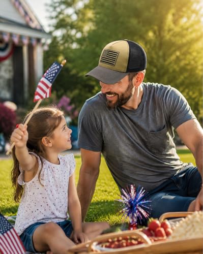 Image of American Flag Trucker Hat for Men Women, Adjustable Snapback Mesh USA Flag Baseball Cap