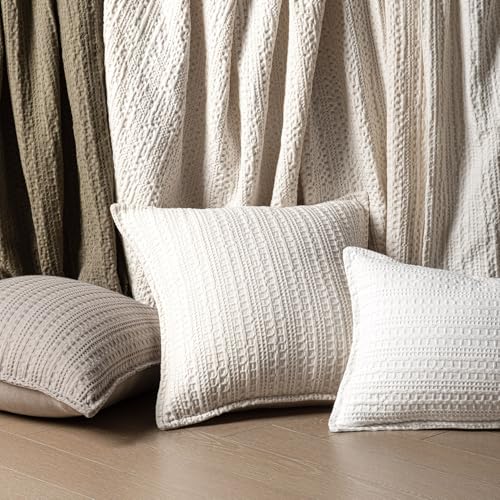 Image of Foindtower Set of 2 Decorative Cotton Waffle Weave Throw Pillow Covers Euro Shams Cushion Covers Accent European Pillowcase for Bed Couch Sofa Bedroom Living Room Home Decor 20x20 Inch Natural Ivory
